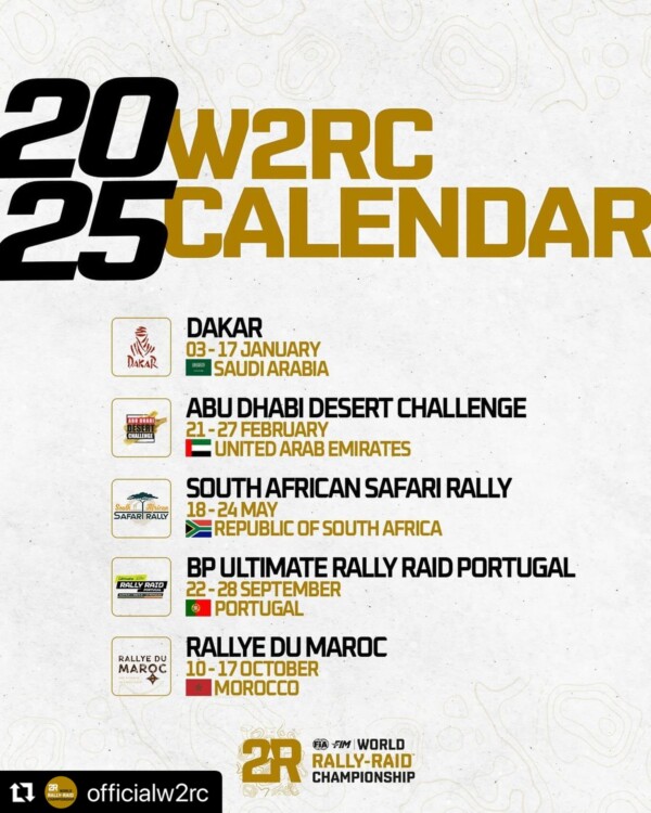 .
The dates for the 2025 officialw2rc have been announced and the season is gonna be ?Sending a warm welcome to sasafarirally that joins the championship and will run right after us ??

Stay tuned, at the Abu Dhabi Desert Challenge we are working on so many new features for 2025, that you’ll be in total awe…

Repost officialw2rc 
・・・
? The W2RC 2025 calendar is OUT! ?
Get ready for an action-packed season with a five-round schedule and a brand new destination: South Africa! ?

Who’s excited? ?

1️⃣ dakarrally | 3 - 17 January ??
2️⃣ abudhabidesertchallenge | 21 Feb - 27 February ??
3️⃣ sasafarirally | 18 - 24 May ??
4️⃣ rallyraidpt | 22 - 28 September ??
5️⃣ rallyedumaroc | 10 - 17 October ??

W2RC FIA fim